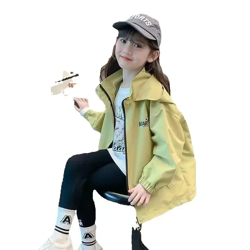새로운 여자 얇은 트렌치 재킷 가을 봄 어린이 캐주얼 지퍼 Tracksuit 코트 어린이 의류 하이틴 후드 방풍 겉옷