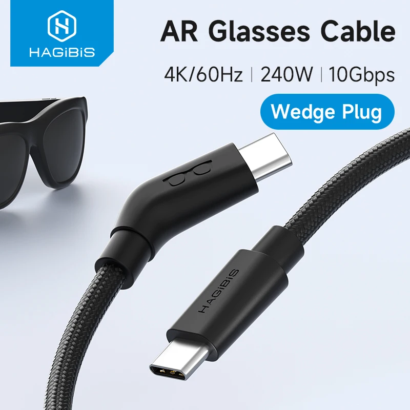 Cabo USB-C para Carregamento e Transferência de Dados para Óculos Inteligentes Hagibis AR, Conector Wedge 4K60Hz para XREAL One/Air RayNeo Air VITURE