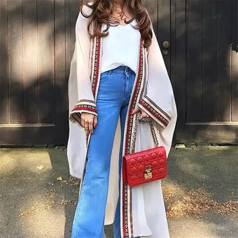 White Chiffon Long Maxi Kimono Cardigan Women Beach Cover Up Embroidery Edge with Belt Tunica Kaftans Femininos Beachwear 2026 1