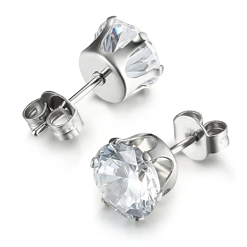 4-8mm Stud Earrings for Women Girls Men Punk Stainless Steel Stone CZ Crystal Round Black Silver Color Piercing Jewelry