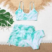 8-14Y Girls' Summer Swimwear 2023 New Fashion Cute Crisscross Tie Dyeing Printing Floral Print Three Piece Swimsuit Bathing Suit 3