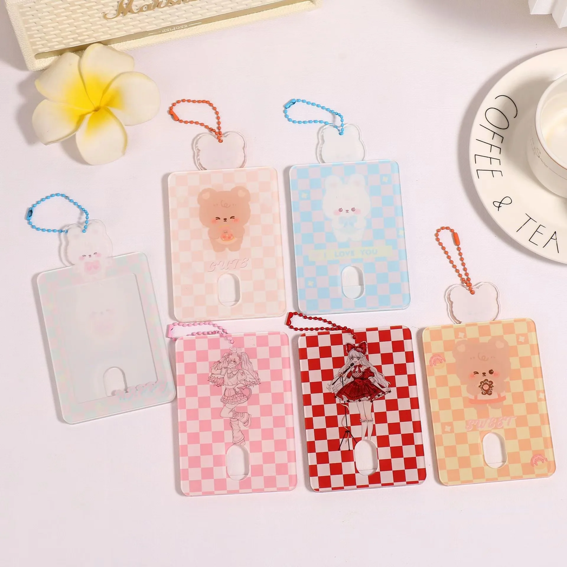 Kawaii checkerboard Bear Acrylic Photocard Holder Postcards Protective Case Photo Sleeves 3 inch Kpop Decoration Bag Pendant
