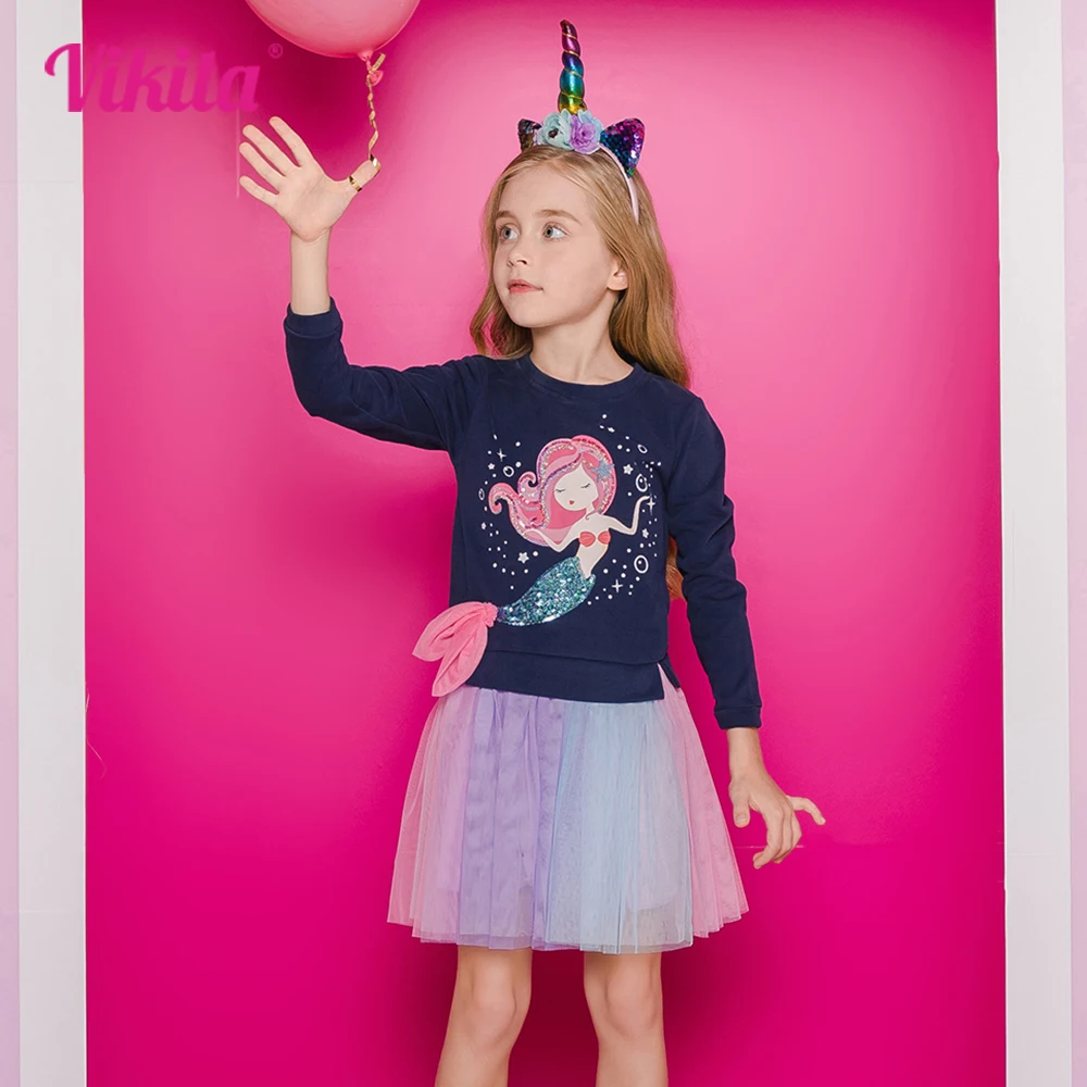 VIKITA-vestido de princesa con apliques de sirena para niñas, tutú de tul de malla, en capas, para fiesta de cumpleaños, 2 piezas, 3-12 años