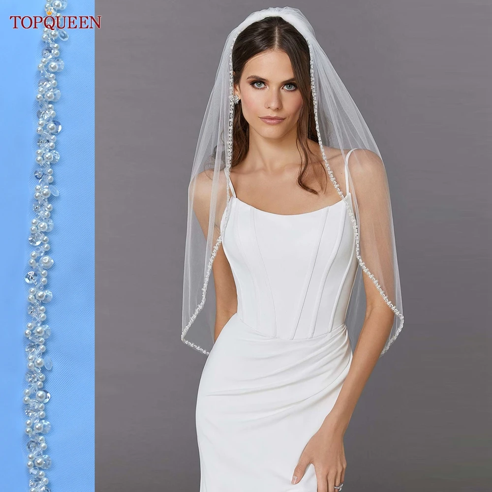 TOPQUEEN V134 Delicate Wedding Veils For Bride Pearls Wedding Veil With Crystals Edge Bridal Veils Crystal Beaded Bridal Veil