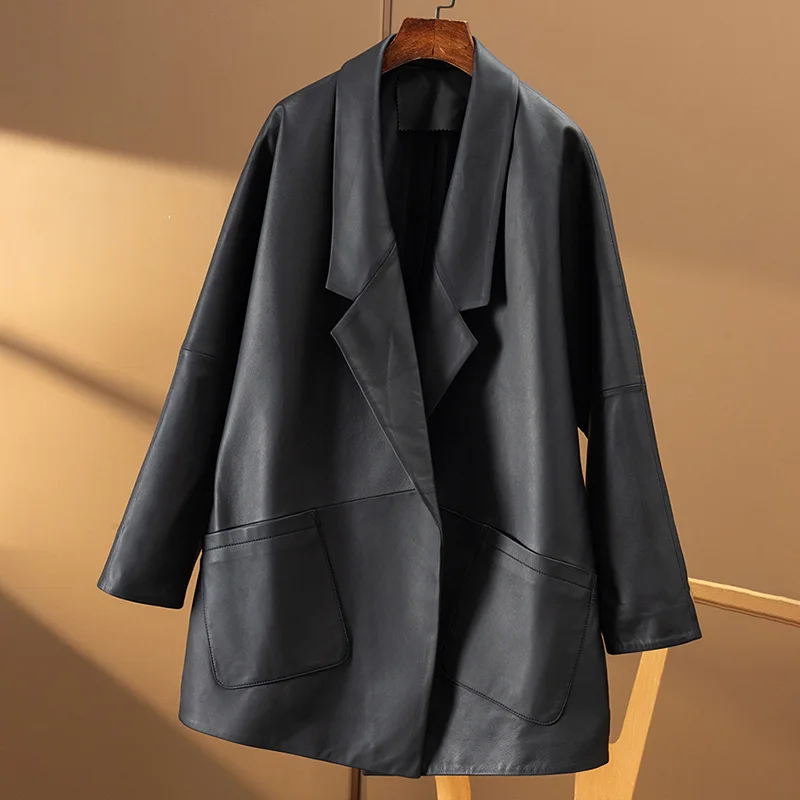 Lady Oversize Leather Jackets 2023 New Autumn Winter Sheepskin Coat Full Sleeve With Belt Women Clothing FG5452