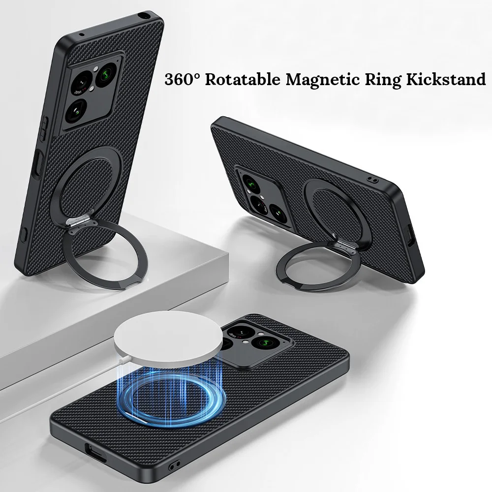 Carbon Fiber Texture Magnetic Case with 360° Rotatable Ring Kickstand - Shockproof and Anti-Slip Protective PU Leather
