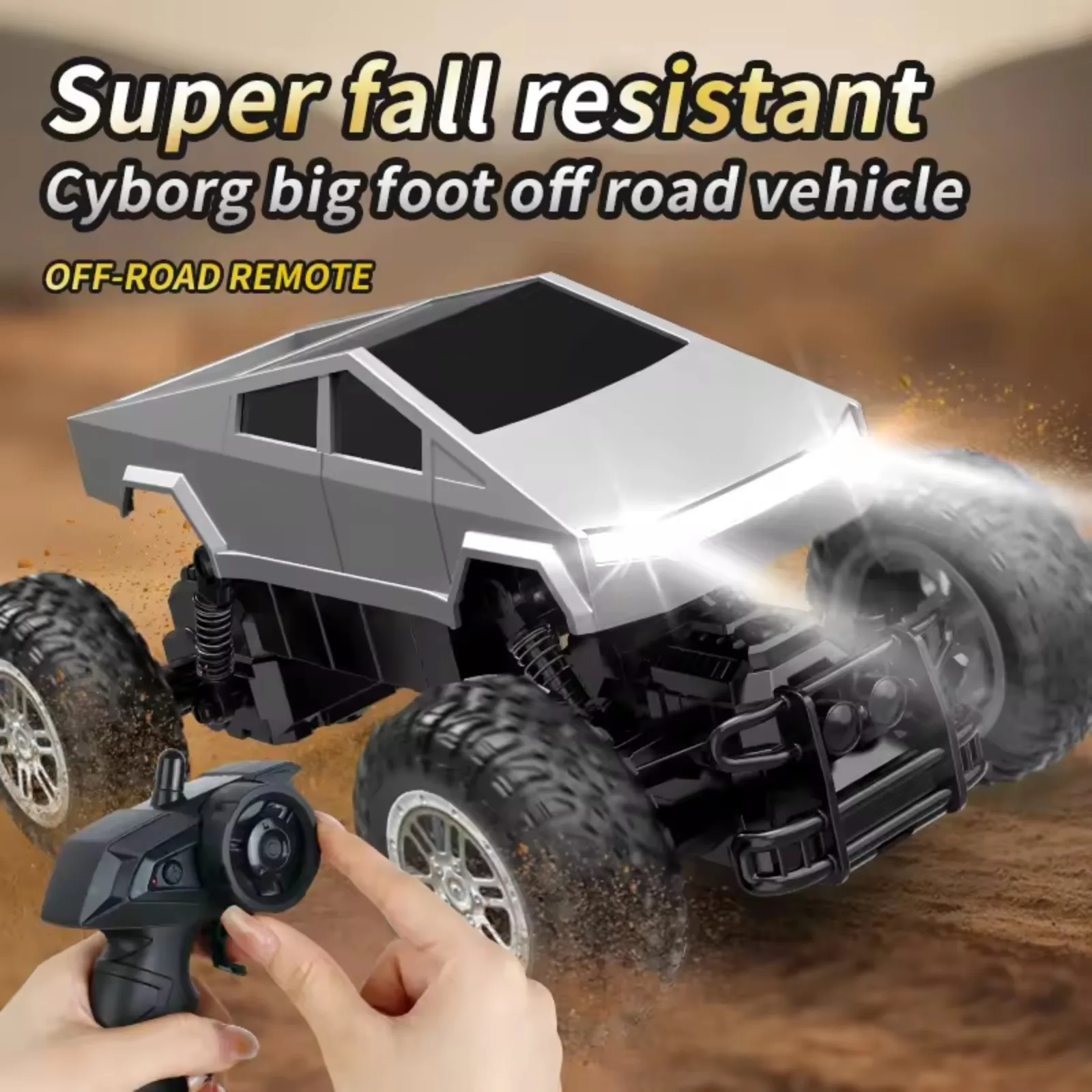 Camion Monster RC Tout-Terrain Cyber effectuant un saut sur une rampe, roues en l'air, dans un décor de désert.
