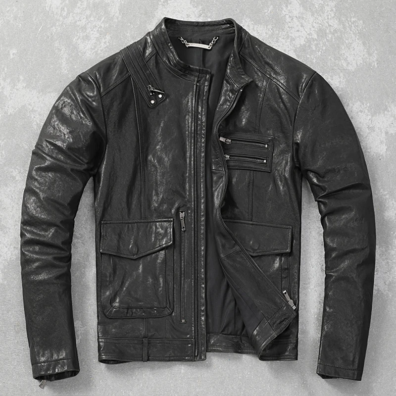 

Одежда из натуральной кожи, Мужская мотоциклетная одежда из растительного дубления, куртка, Мужская одежда, тонкое демисезонное пальто