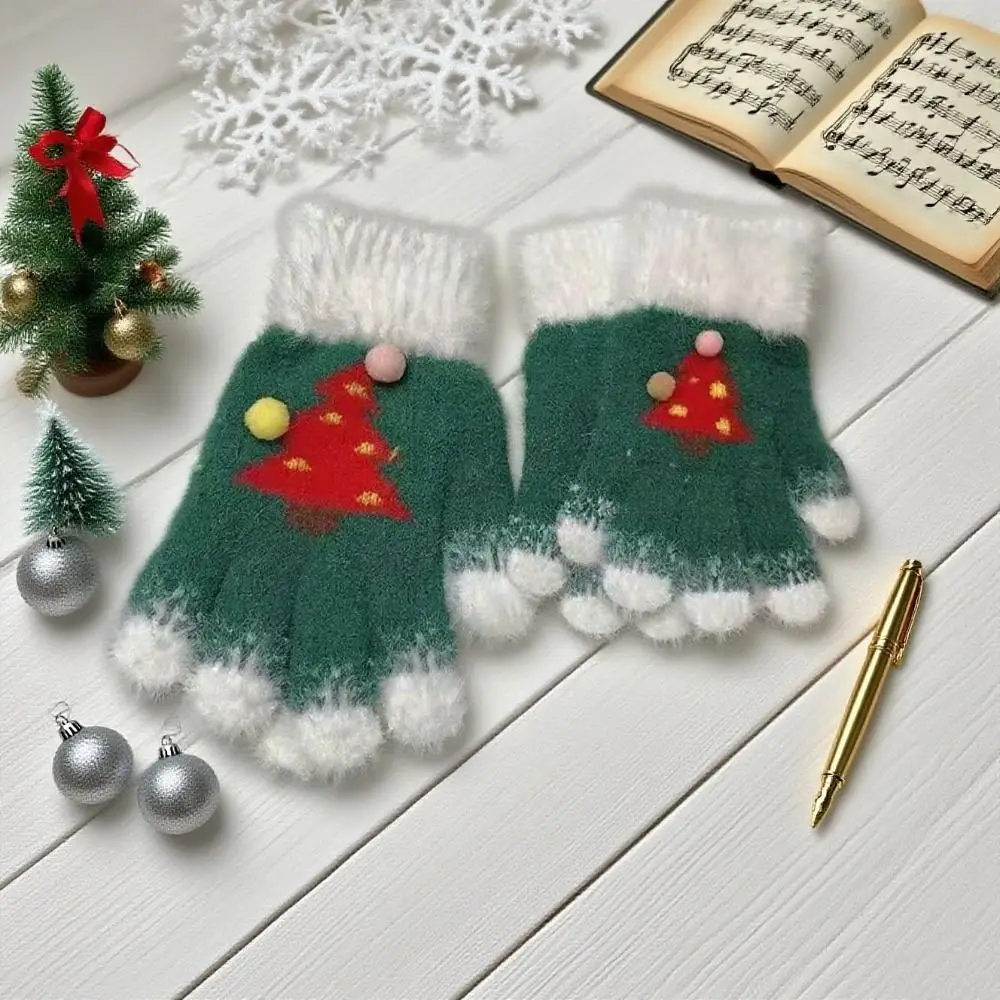 Thickened Insulation Christmas Tree Gloves Warm Knitted Design Winter Gloves Elastic Comfortable Five-finger Gloves Women