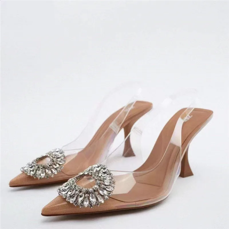 

2022 Women's Sandals Luxury Brand Summer Fashion Transparent Rhinestone Pointed High Heel 8cm Ladies Sexy High Heels