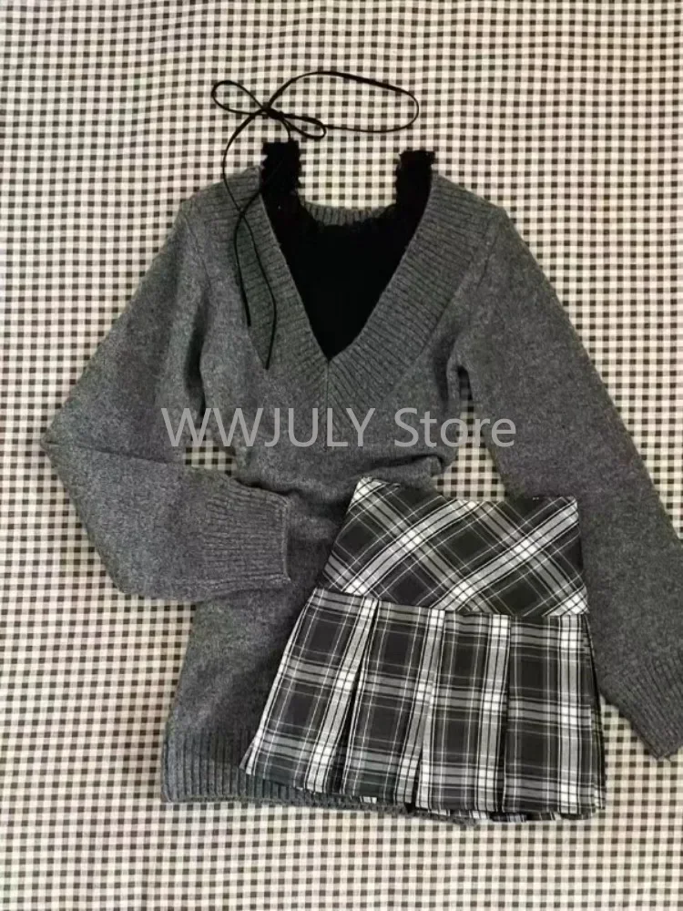 Autumn Winter Woman Gyaru Coquette V-neck French Vintage Sweater Long Sleeve Pullovers Knitwears 2000s Aesthetic Old Money Thick 4
