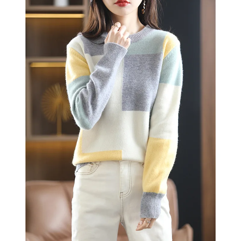 Color Block O-Neck Vrouw Truien Dames Pull Hiver Femme Chandails Frau Pullover Winter Clothes Knitted Tops Women Sweaters 2023 4