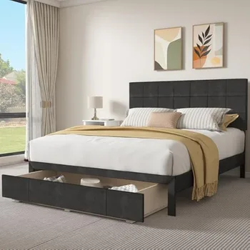 yitahome queen size bed frame with drawer, upholstered bed frame with storage, platform bed with velvet headboard, no box spring 1