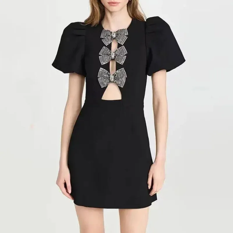Vestido mini con lazo de moda para mujer, vestido de fiesta elegante de manga corta con retazos calados y diseño de lazo, vestido de calle para mujer