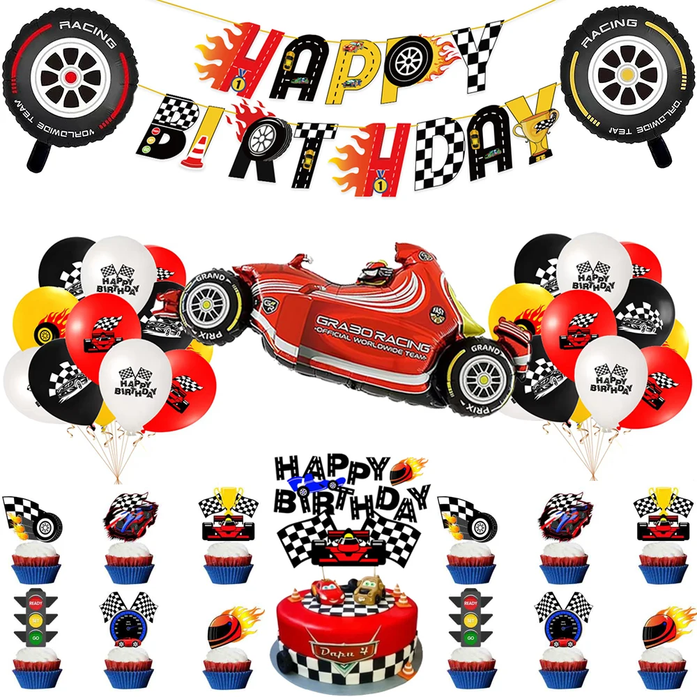 Rennwagen-Party, alles Gute zum Geburtstag, Banner, Folien-Auto-Räder, Luftballons, Kuchendeckel für Jungen und Kinder, Formel-1-Rennparty-Dekorationszubehör
