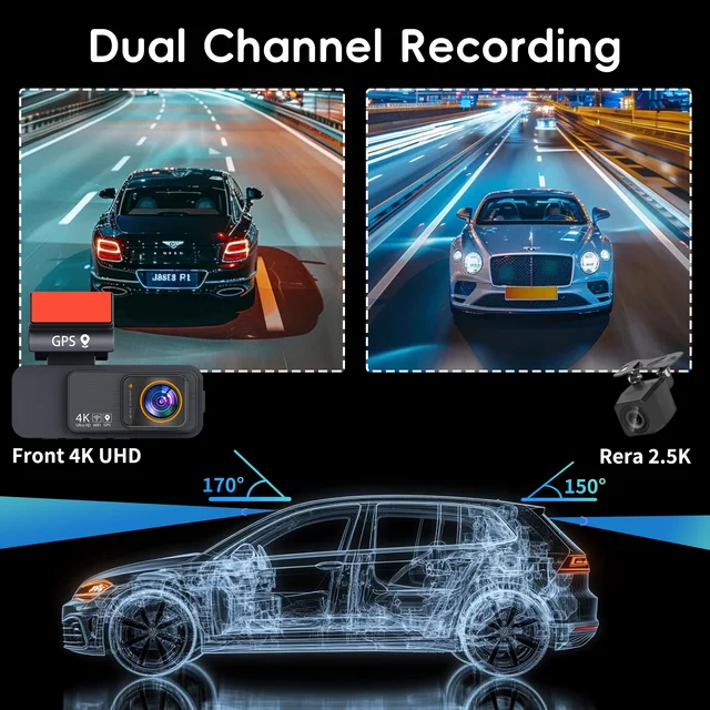 Plinader Dash Cam 4K Ultra HD Lens Car Dashboard Camera Built-in GPS Wifi & APP Control 24H parking monitoring Loop recording 3