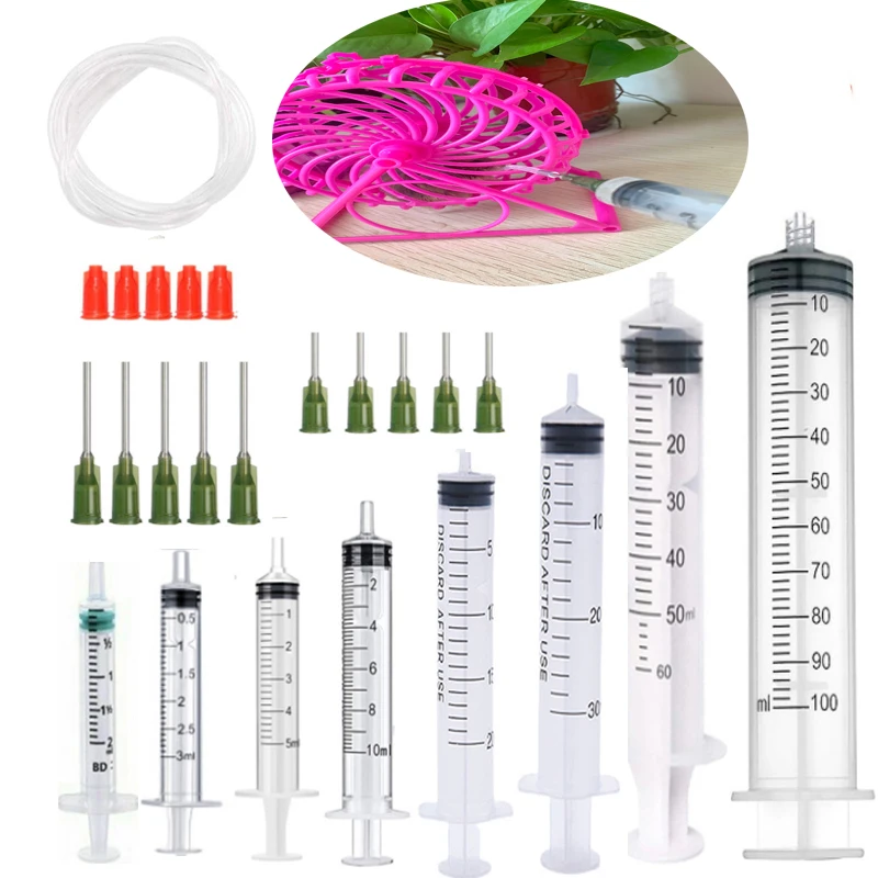 Seringue en plastique avec aiguille émoussée, tube souple en silicone de 1 mètre de long, 2ml, 3ml, 5ml, 10ml, 20ml, 30ml, 50ml, 100ml