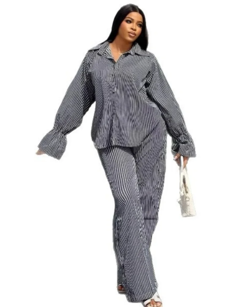 Wmstar Two Piece Set Women Wholesale Fashion Striped Flared Sleeves Long Sleeved Shirts Wide Leg Trousers African Casual Suits