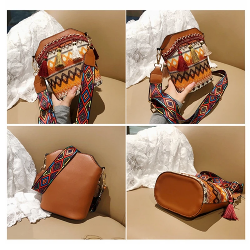 Borsa da donna Boho borsa a secchiello a tracolla intrecciata a mano etnica con nappe Vintage borsa a tracolla a tracolla Hippie borsa da donna borsa a mano - immagine 5