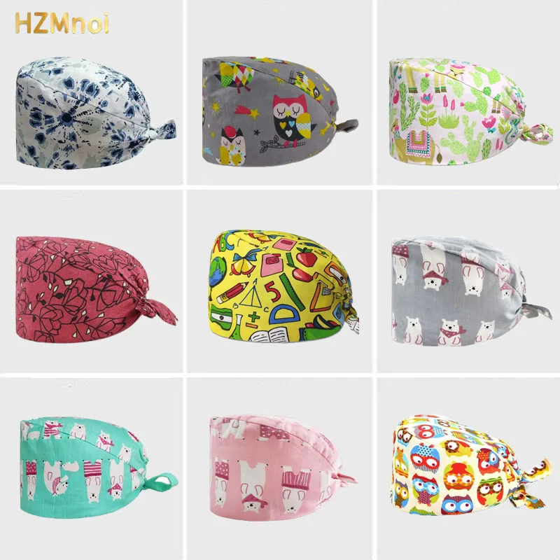 

Unisex Surgicals Hats Adjustable Cotton Scrub Cap with Buttons Cartoon Print Dustproof Hat Head Scarf Scrubs Medical Accessories