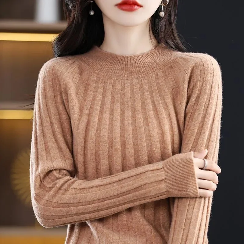 

Женский Осенний трикотажный облегающий свитер, однотонный вязаный женский хлопковый мягкий эластичный цвет, яркий свитер с длинным рукавом и высоким воротником, 2023