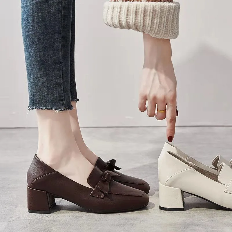 

Female 2023 Spring New Leather Female Heel Shoes Casual Retro College Women's Slip-on Shoe Elegant Heeled Loafers Footwear