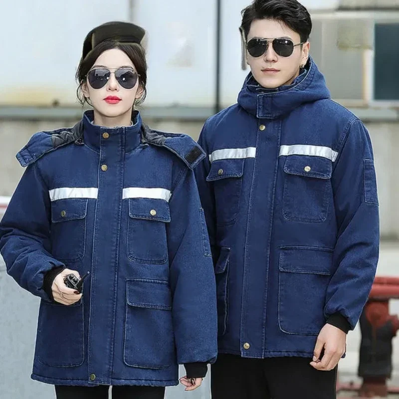 

Winter Cotton-padded Jacket Cowboy Overalls Suit Double-layer Anti-scalding Power Grid Welders Workers Cotton Jacket with Hat