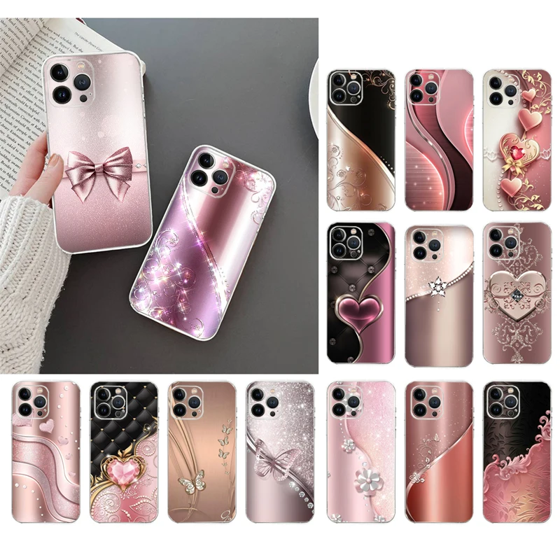 Custodia Per Telefono Love Bow Gold Rose Heart Per Iphone 15 14 13 12 11 Pro Max Xs X 12Mini 14 Plus Custodia Per Cellulare Funda