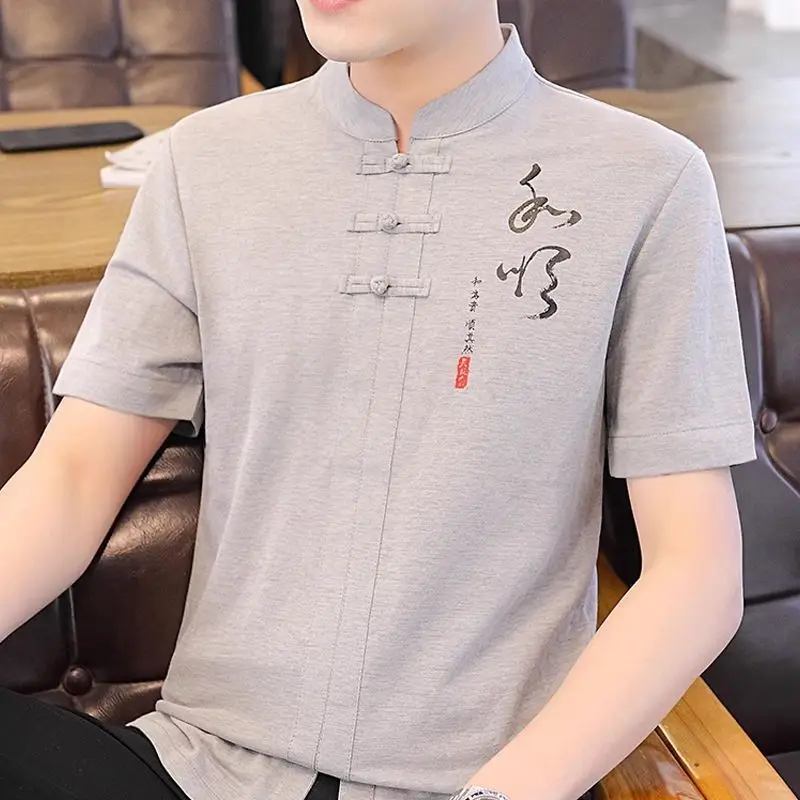 Summer Fashion Chinese Style Cotton Linen Embroidery Shirt Men Short Sleeve Loose Casual Stand Collar Vintage Blouse Top Homme