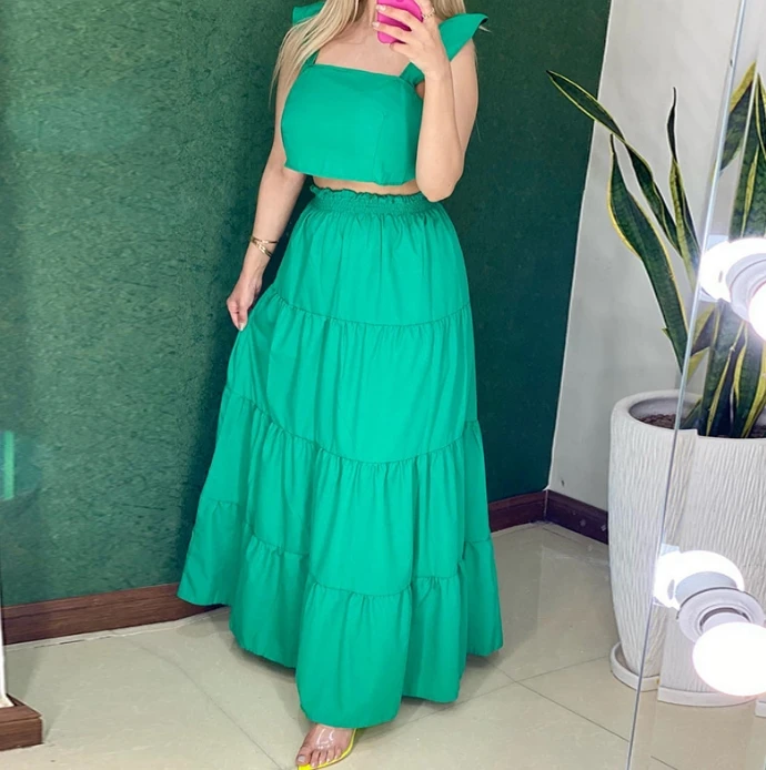Skirts Set for Women Solid Color Short Sleeveless Suspenders Tank Top and High Waisted Pile Half Length Skirt Women 2 Piece Set vintage green evening dresses for women glitter sequins one shoulder sleeveless prom gowns sexy floor length christmas gowns