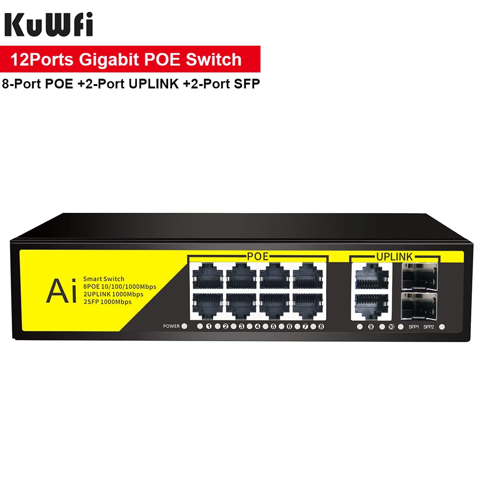 

KuWFi POE Gigabit Switch 48V 8 Ports POE 10/100/1000Mbps Network Switch 2Uplink + 2SFP Port for CCTV IP Camera Wireless AP