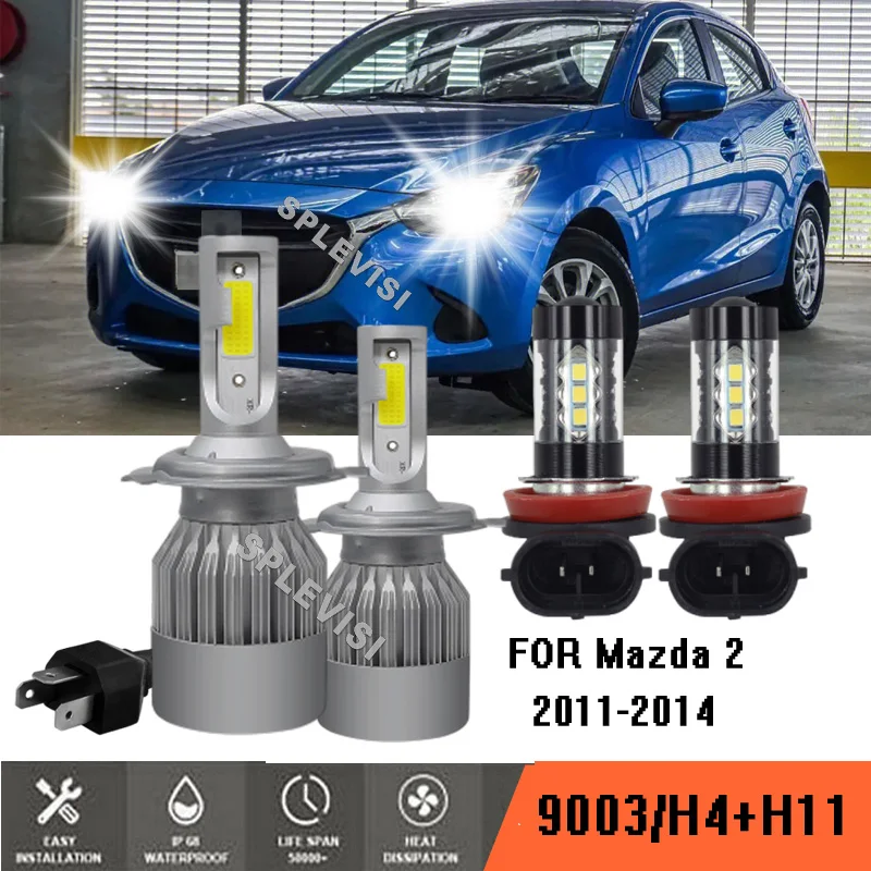 

4x Combo H4 H11 711 LED White Headlight Bulb High Low Beam Fog Light 6000K For Mazda 2 2011 2012 2013 2014