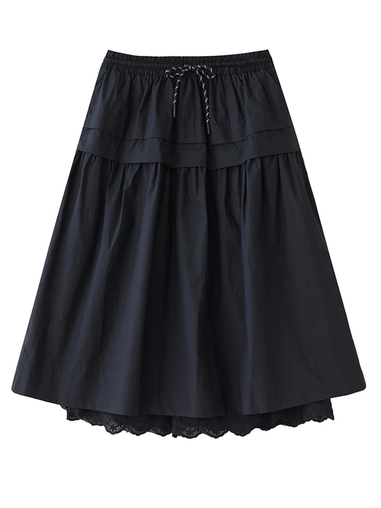 Black Vintage Spliced Lace High Waist Skirt Women New Plus Size Fashion Loose Casual Long Skirts Clothing Sping Autumn 2025