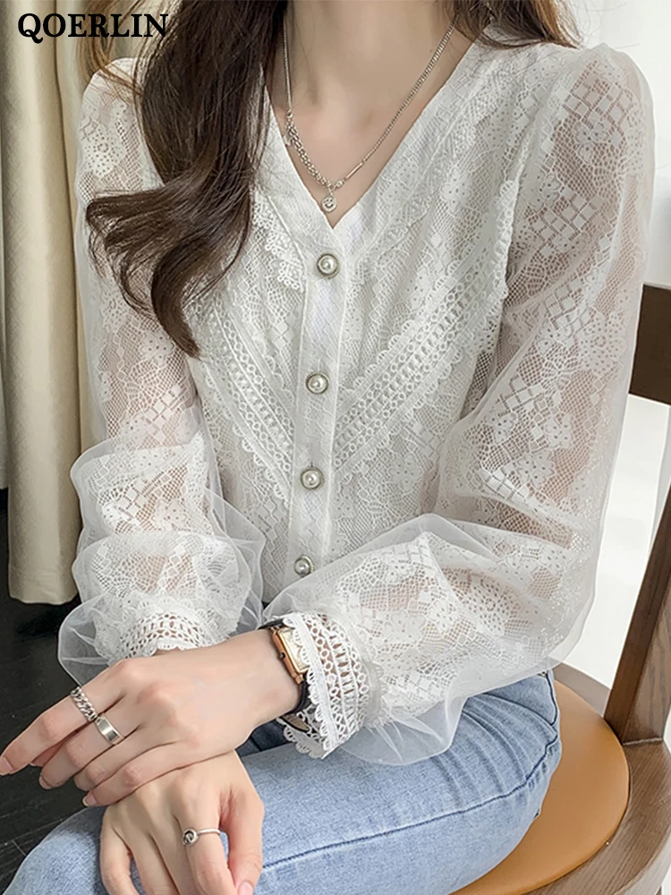 QOERLIN Women White Lace Shirts Spring Fall V Neck Elegant Office Ladies Lantern Sleeve Tops Stylish Botton Down Hollow Out Tops