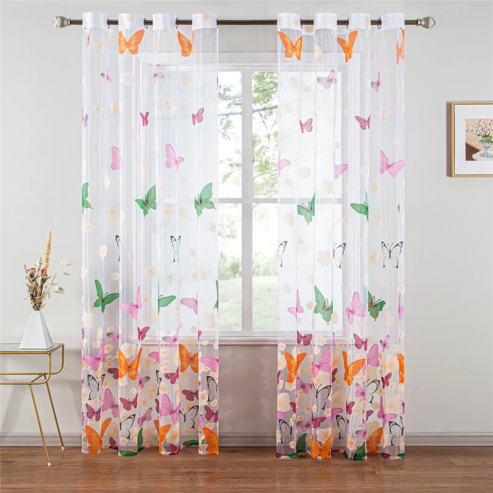 

Colorful Butterfly and Flower Printed Curtains for Living Room Bedroom Kids Room Decorative Sheer