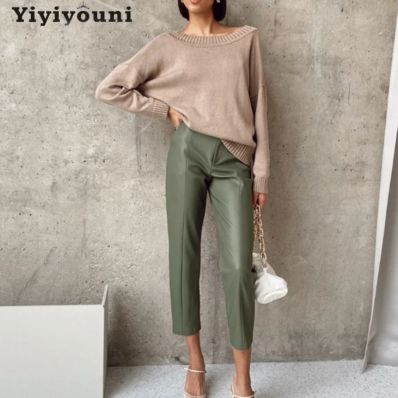 Yiyiyouni High Waisted PU Leather Pants Women Casual Zipper-Up Straight Trousers Black White Pockets Female | Женская одежда