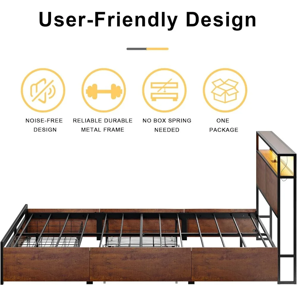Bed Frame with Storage Headboard and 4 Drawers Bed Frame Size with Charging Station LED Lights Metal Platform Non-Sl 4