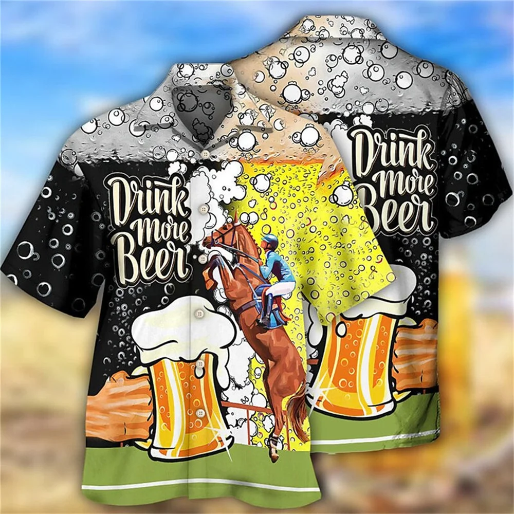 Hawaiian Shirt 3D Print Beer Short-sleeved Cuban Shirt Beach Wear Vintage Style For Men Women