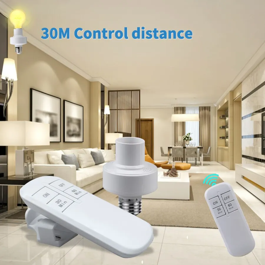 스마트 타이머 스위치 무선 리모컨, E27, 15m 범위 램프 거치대, 110V, 220V, 온오프 전구, 지능형 베이스 소켓