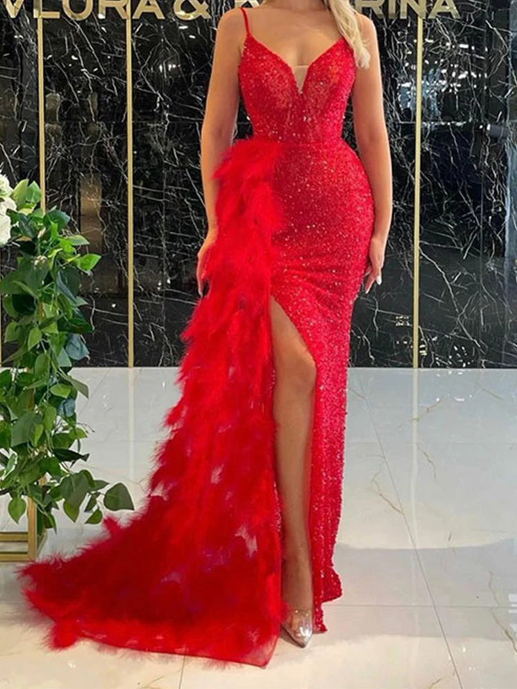 

2023 Sexy Cocktail Dress Spaghetti Strap With Sequin Party Mermaid Prom Dress Sparkly High Slit Feather Feat Vestido De Gala