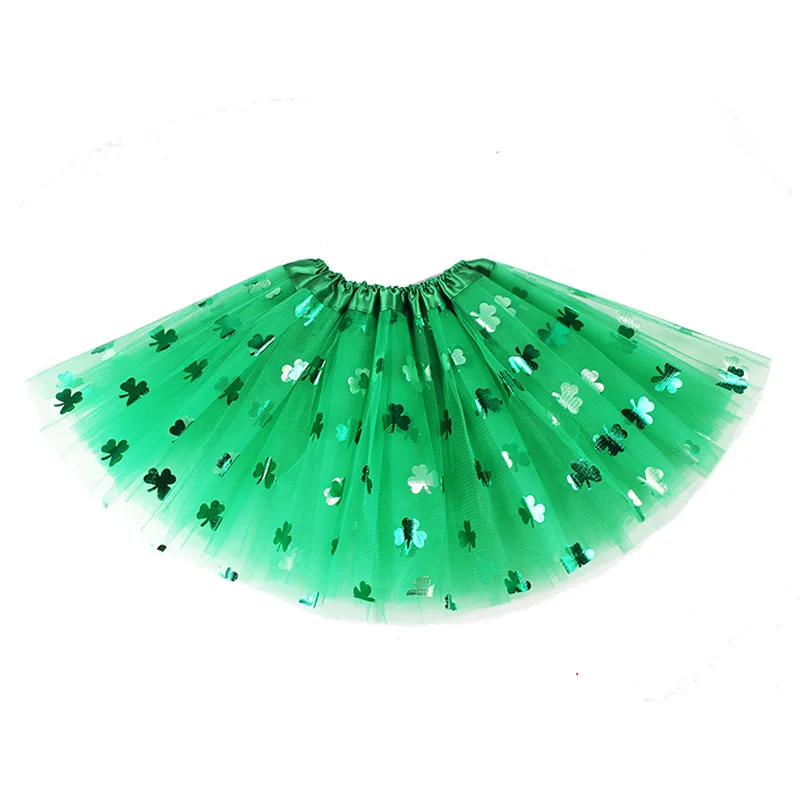 St. Patricks Day Costume Layered Tutu Skirt Shamrock Necklace Plastic Arm Warmer for Women 3PCS/Set Green Outfit