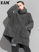  [EAM] Loose Fit Black Denim Big Size Sweatshirt New High Collar Long Sleeve Women Big Size Fashion Spring Autumn 2023 1K166 