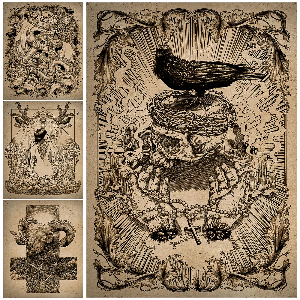 

Mysterious Crow Sacrifice Vintage Wall Art Witchcraft Black Magic Canvas Painting Prints Skeleton And Witch Poster Print Decor