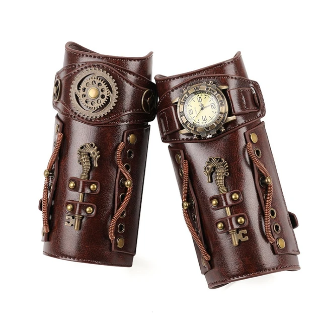 Men Cosplay PU Leather Wristband Bracer Steampunk Accessories, Men's, Size: One size, Brown
