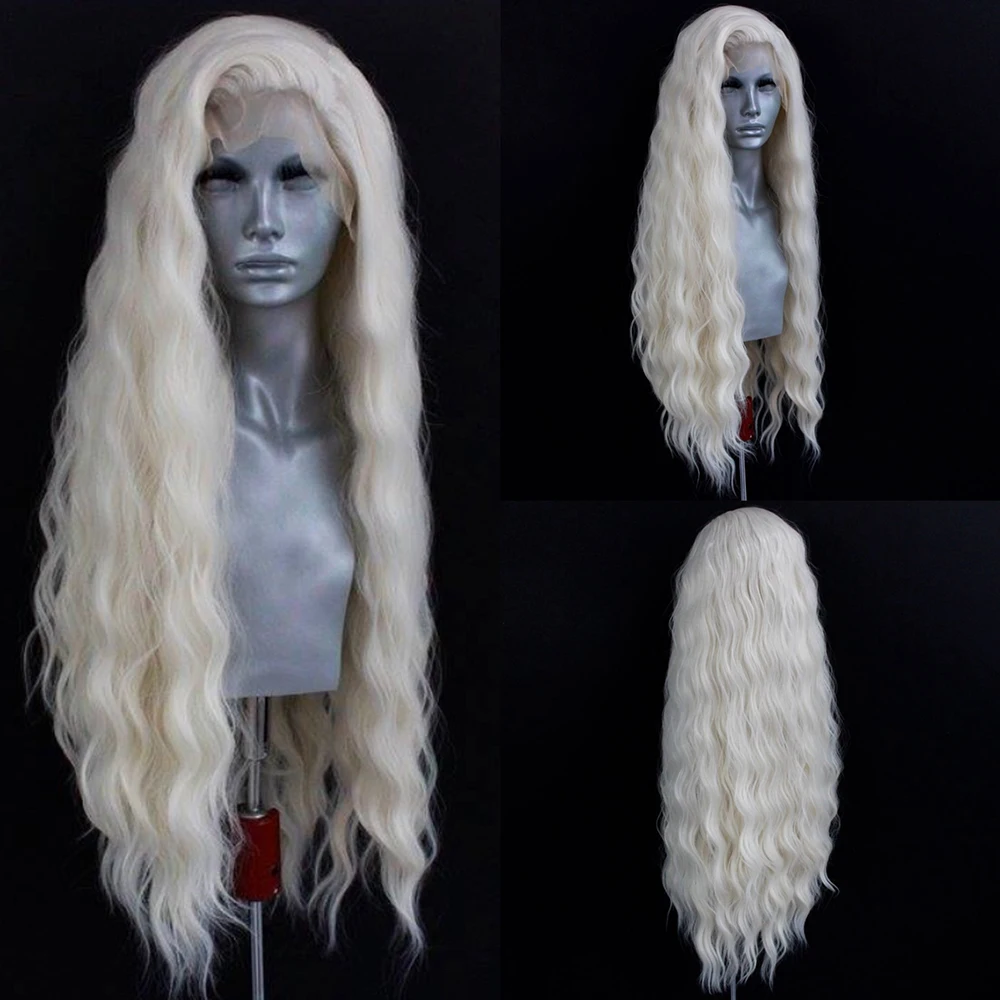 Platinum Blonde Wave Wig Synthetic Lace Front Wigs For Women Long Natural Wave Lace Hair White Black Pink Wig Loose Curl Cosplay 1