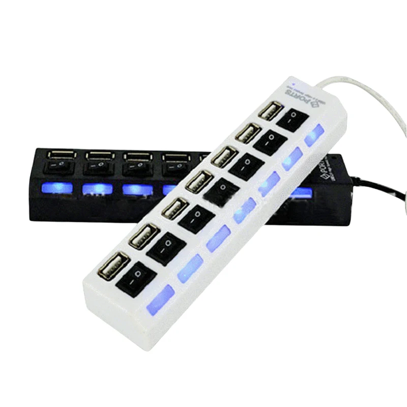 High Speed 7Port LED USB 2.0 Adapter Hub Multi-Port Socket Powered ON/OFF Switch Charger Splitter For Computer U Disk 1pcs