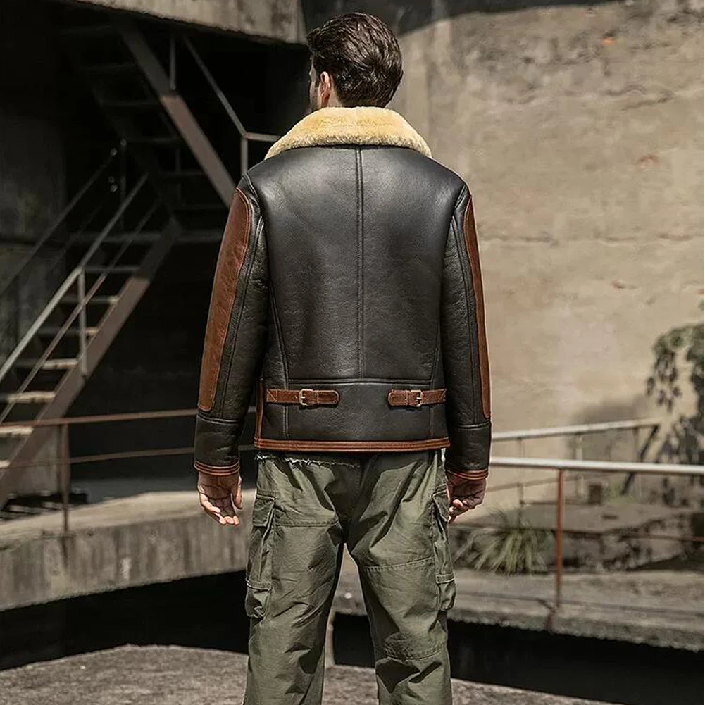 Denny&Dora Men's Shearling Jacket Flight Jacket Brown Sheepskin Coat