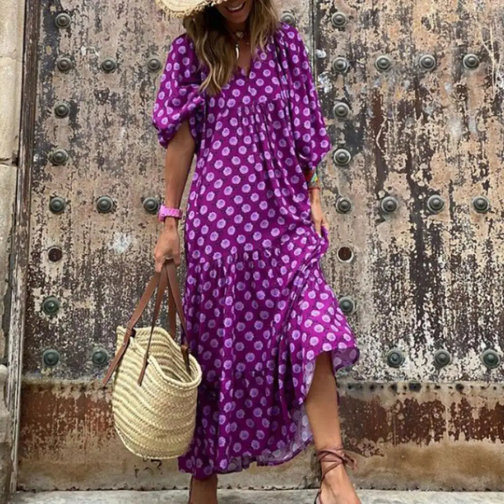 

Women Maxi Dress Bohemia Floral Print Maxi Dress with Puff Sleeves Flow Hem for Women Loose Fit Beach Long Dress Sundress V-neck