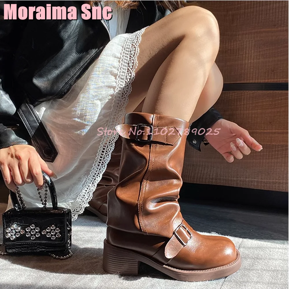 

Blet Buckle Square Toe Mid Calf Boots Block Heeled Turned-Over Edge Slip On Brown Solid Fashion Retro Style Winter Women Boots