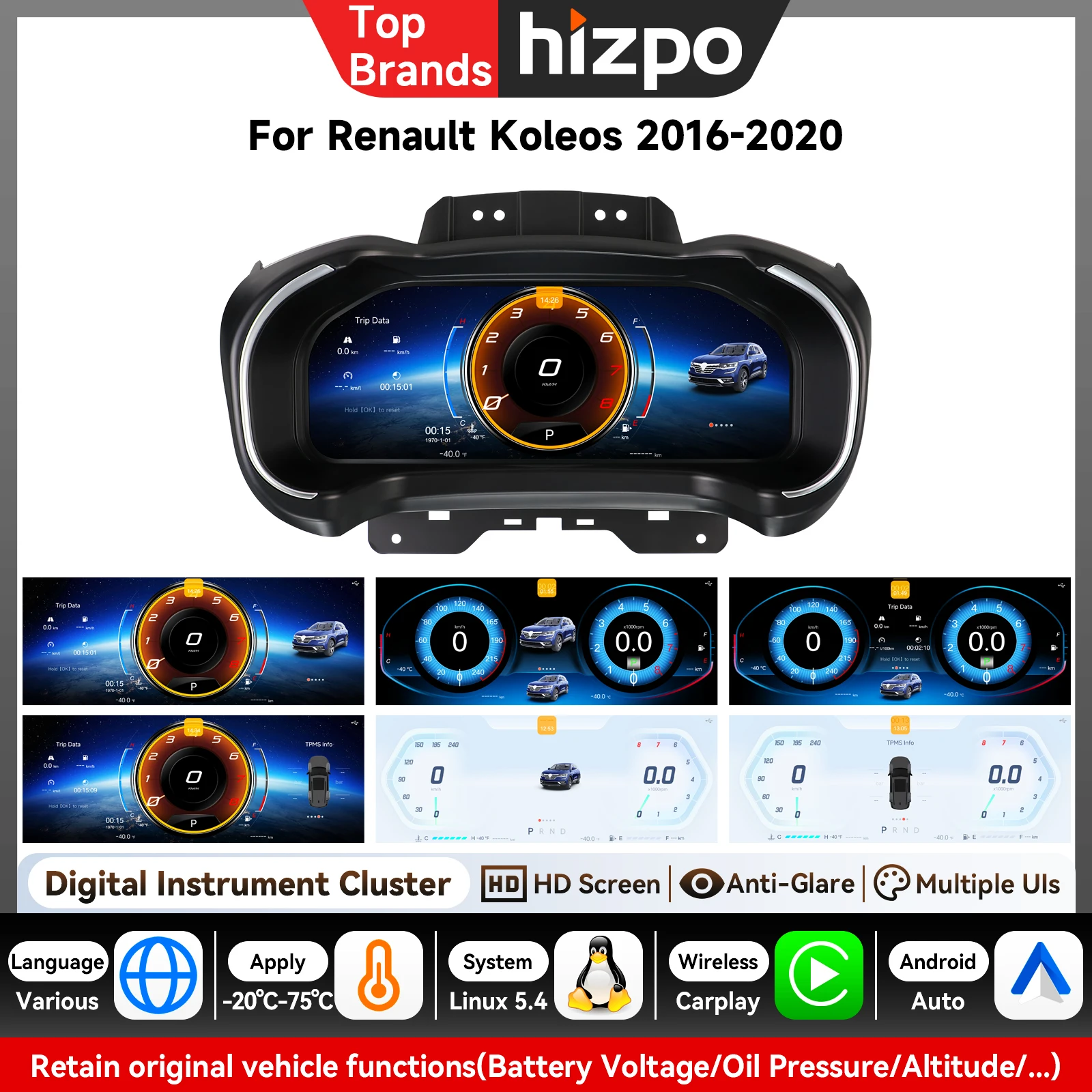 Panel de Instrumentos Digital LCD de 12.3 Pulgadas para Renault KOLEOS 2016-2019, Pantalla de Velocímetro 1